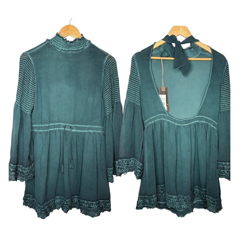 Sea Gypsies By Lost Hey Sunshine‎ Dress Teal Green Boho Mock Neck Size Small NWT